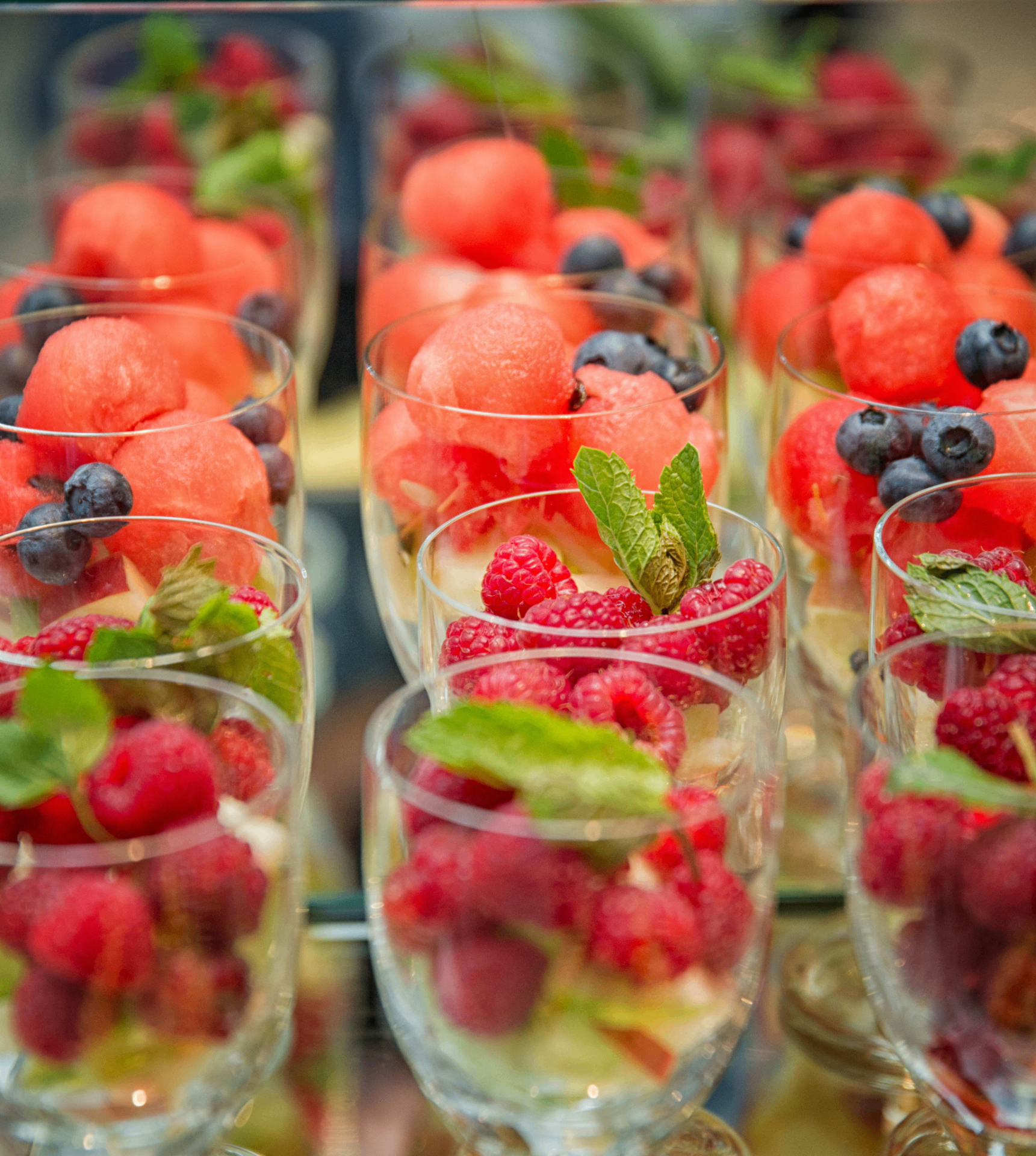 Fresh & Exotic dessert cups with watermelon, berries, and mint